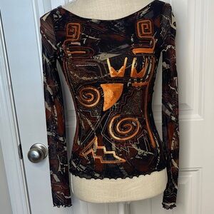 Y2K VINTAGE SHIRT PASSION ITALIA BROWN MESH GEOMETRIC SEQUIN PATTERNS PATCHWORK